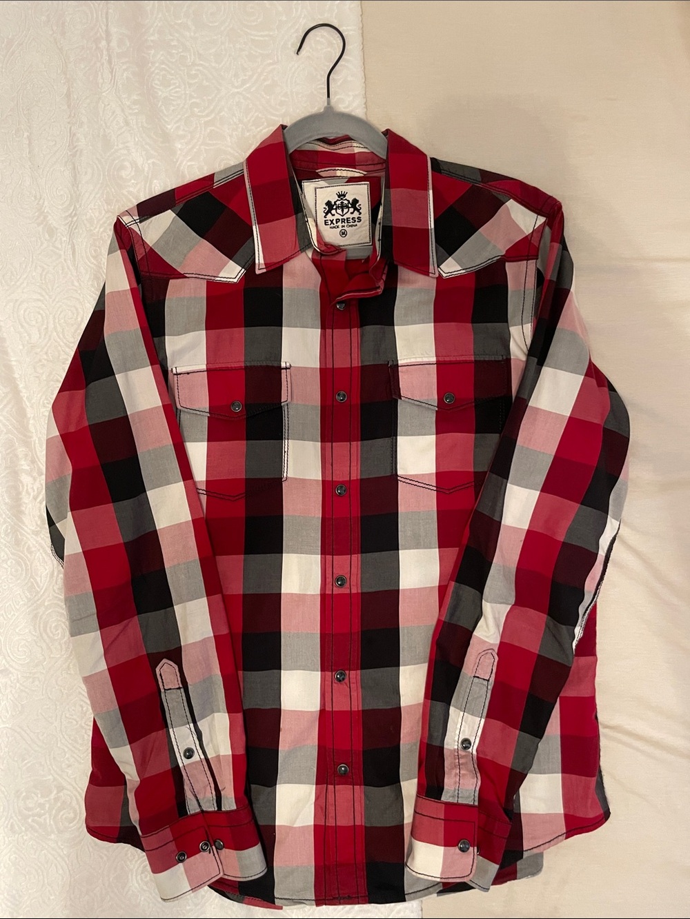 Express Men's Red Black White Plaid Button-Down Shirt